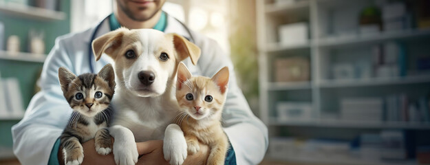 Veterinarian Holding Pets. A veterinarian in a white coat holds a puppy and two kittens, showcasing care and companionship in animal healthcare - obrazy, fototapety, plakaty