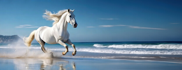 White Stallion Exuding Elegance on Sandy Beach. The pure white stallion runs with its mane flowing in the wind along a sandy beach, its hooves kicking up sand as waves crash in the background - obrazy, fototapety, plakaty