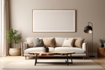 Scandinavian interior home design of modern living room with beige sofa and tree trunk edge coffee table with empty poster frame mockup
