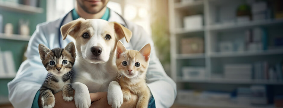 Veterinarian Holding Pets. A veterinarian in a white coat holds a puppy and two kittens, showcasing care and companionship in animal healthcare