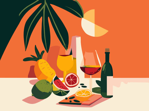 Ilustración bodegón de frutas y bebida