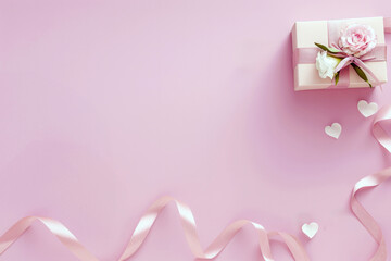 Valentine's day background with gift box and pink ribbon with top view and copy space. High quality photo