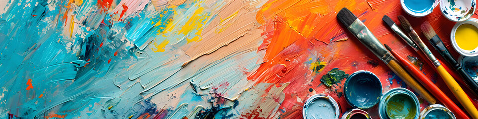 Vibrant Art Supplies with Paint Brushes and Colorful Strokes on Canvas - obrazy, fototapety, plakaty