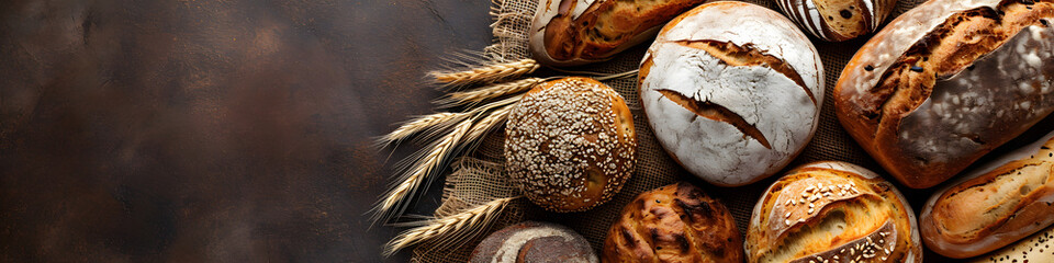 Assorted Freshly Baked Artisan Bread on Dark Rustic Background - obrazy, fototapety, plakaty