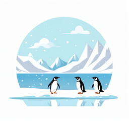 winter, snow, ice and penguin used for greeting cards, posters, or social media