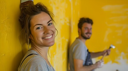 Happy couple painting their home together. bright yellow wall in progress. home renovation and teamwork concept. AI
