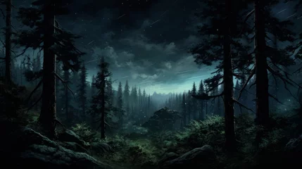 Rolgordijnen dark mysterious forest panorama, fantasy landscape. Neural network AI generated art © mehaniq41