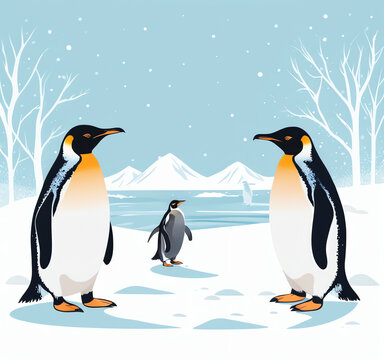 winter, snow, ice and penguin used for greeting cards, posters, or social media