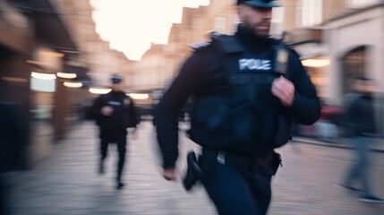 Full shot of policeman running through town centre, with motion, blur to illustrate, speed and chaos