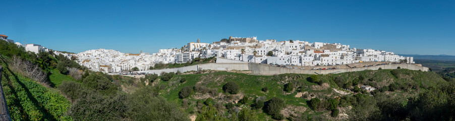 Fototapeta na wymiar Panorama. Panoramic view of Vejer de la Frontera, a pretty white town in the province of Cadiz, Andalusia, Spain