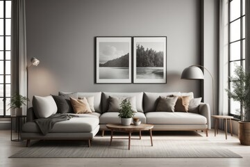 farmhouse interior home design of modern living room with rustic gray sofa and houseplants on gray wall near the window