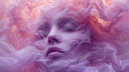 Fototapeta premium Captivating image a close up woman's face decorated with a with silk or satin cloth. Surrealistic artwork. The intricate details, and utilize soft lighting. The magical and dreamlike ambiance.