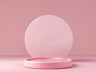Abstract minimal scene with round pink podium with pink wall background. High quality photo