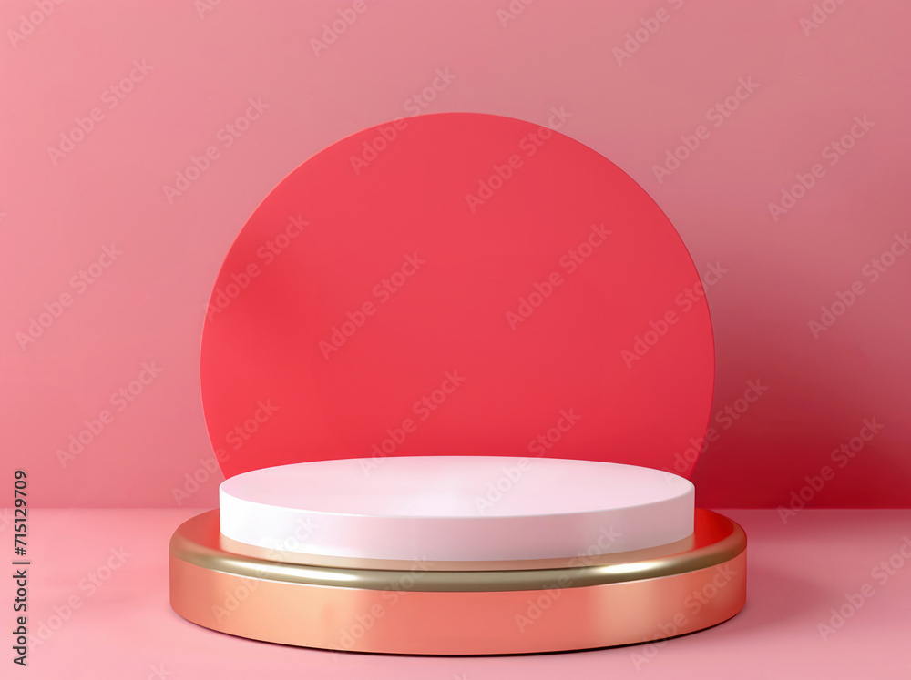 Poster round podium with gold and white for mock up presentation in minimalism style pink background. high 