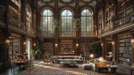 Fototapeta na wymiar Grand Library Interior with Elegant Bookshelves and Cozy Seating