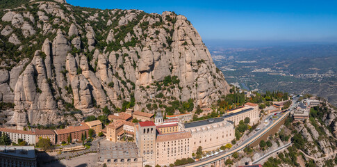 Aerial view of the Benedict church Abbey of Monserrat from Barcelona, Spain. Montserrat Monastery,...