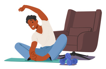 Man Morning Routine. Male Character Stretch Limbs And Muscles Embracing A New Day Potential, Unfold Boosts Energy