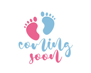 Coming soon - card template with a multi-colored inscription. Vector illustration for gender reveal party