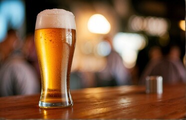 Glass of beer on the cold wooden table