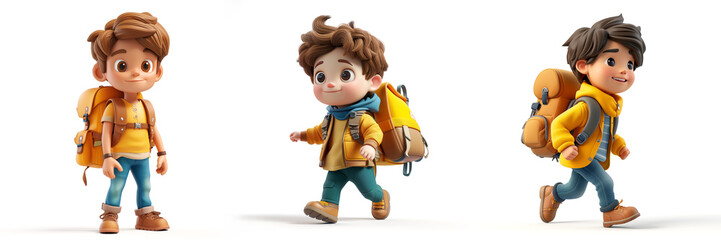 Three Young boys with backpacks, going to school or travelers seeking for adventure, 3d style