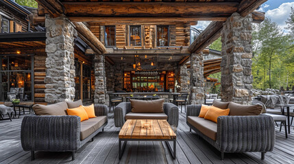 Outdoor recreation space - outdoor furniture - log cabin - decor and design - rustic style - entertainment space  - obrazy, fototapety, plakaty
