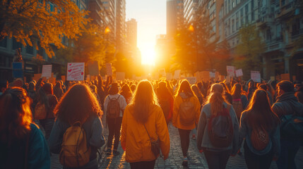 Young Activist at Women's Rights March, Urban Backdrop