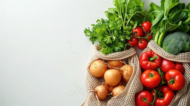 Fresh organic produce in a recyclable paper bag on a white background, concept of sustainable grocery shopping