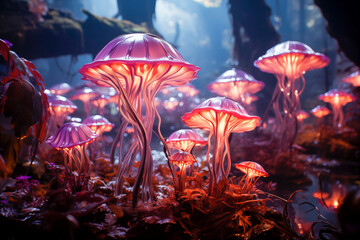 beautiful  fantasy magic mushroom in fairy forest, fireflies bokeh lighting background, magic atmosphere