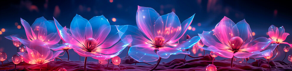 Surreal night jungle with luminescent plants and flowers. Wonderful fantasy magical bioluminescent flowers