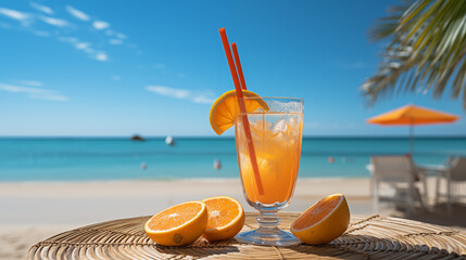 Glass of tropical beverage with ice and different decoration. Background of a sunny beach with...