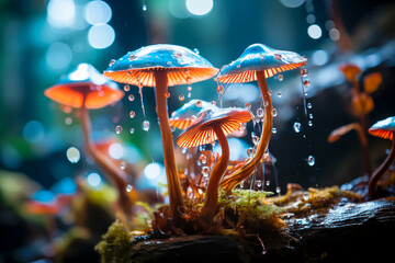 Fantasy has enchanted a fairy forest with magic mushrooms. Beautiful macro shot of a magic mushroom, mushroom. Magic light.