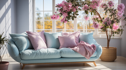 Light pink stylish furniture, armchair or couch with decorative pillow, home style