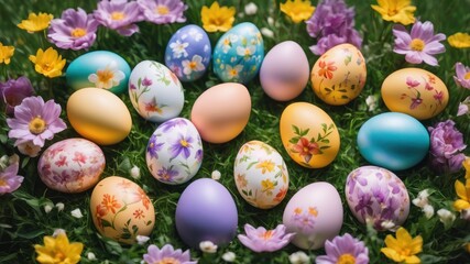 Fototapeta na wymiar Easter, traditional family holiday, decoration with hand-painted eggs surrounded by spring flowers