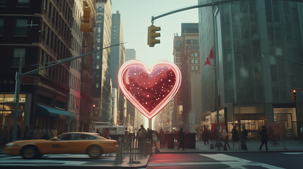 A red heart in the center of a big city on a busy street as a symbol of Valentine's Day and love