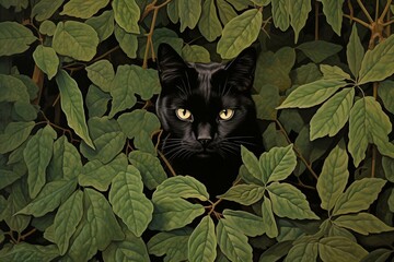 An image showing a cluster of leaves with a black cat positioned in the center. Generative AI