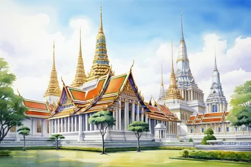 Foto op Canvas Watercolor-style illustration of ancient architecture and art in the grand palace, Wat Phra Kaew, Bangkok. Generative AI © Lila