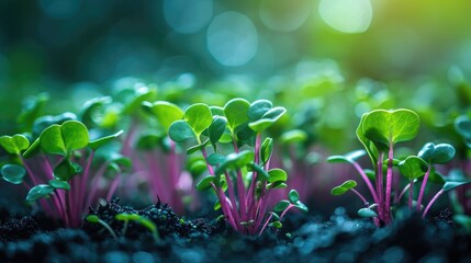 Assorted Lush microgreens with bright stems and leaves on a colored surface. - Powered by Adobe