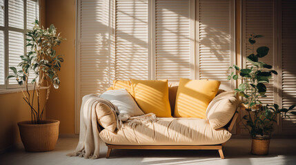 stylish furniture, couch and armchair with decorative pillows, home style