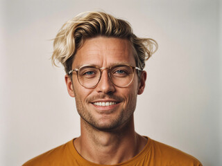 AI generated illustration of a cheerful man wearing glasses looking directly at the camera - obrazy, fototapety, plakaty