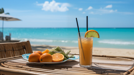 Glass of tropical beverage with ice and different decoration. Background of a sunny beach with...
