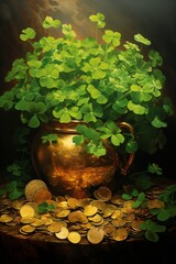 st Patrick day gold pot with green clovers