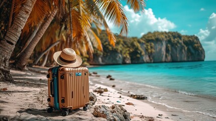 Panoramic view of the seacoast with suitcases with straw hat on the sand beach