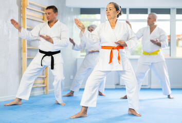 Fototapeta na wymiar Active mature woman wearing kimono training karate techniques in group during workout session