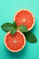 red grapefruit with leaves on mint green  background