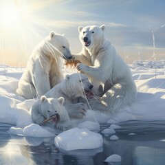 white bears grisly fishing, on ice, snow, cold, sunny day