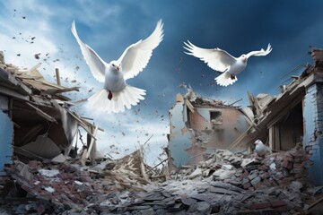 white doves flying over destroyed house - obrazy, fototapety, plakaty
