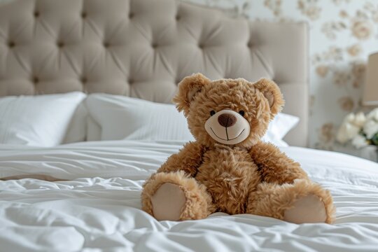 A beloved teddy bear rests comfortably on a cozy bed, surrounded by soft linens and cuddly plush fabric, evoking feelings of warmth and comfort in its owner