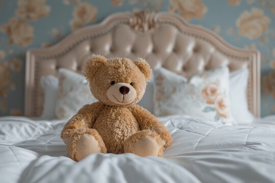 A beloved teddy bear sits patiently on a cozy bed, surrounded by soft linens and plush toys, creating a warm and comforting scene in the peaceful bedroom