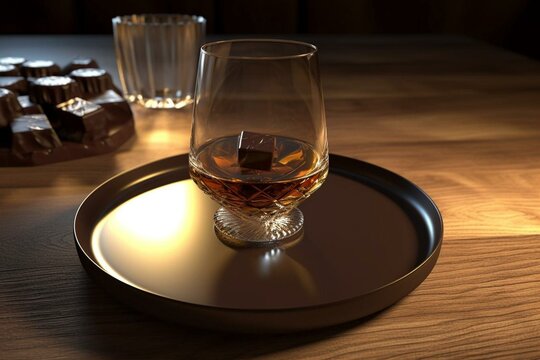 An image of a whiskey glass on a bar counter accompanied by a chocolate plate. Rendered in 3D. Generative AI