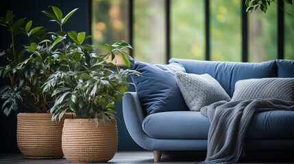 Blue stylish furniture, couch and armchair with decorative pillows, home style